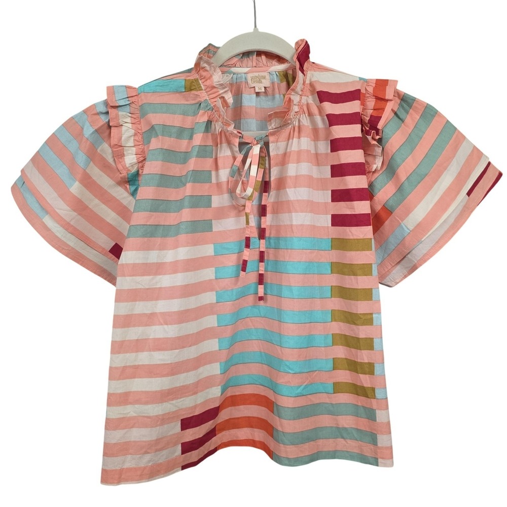 Sunshine Tienda Top Women M Artsy Stripe Ruffle Flutter Sleeve Preppy Coastal - Picture 2 of 8